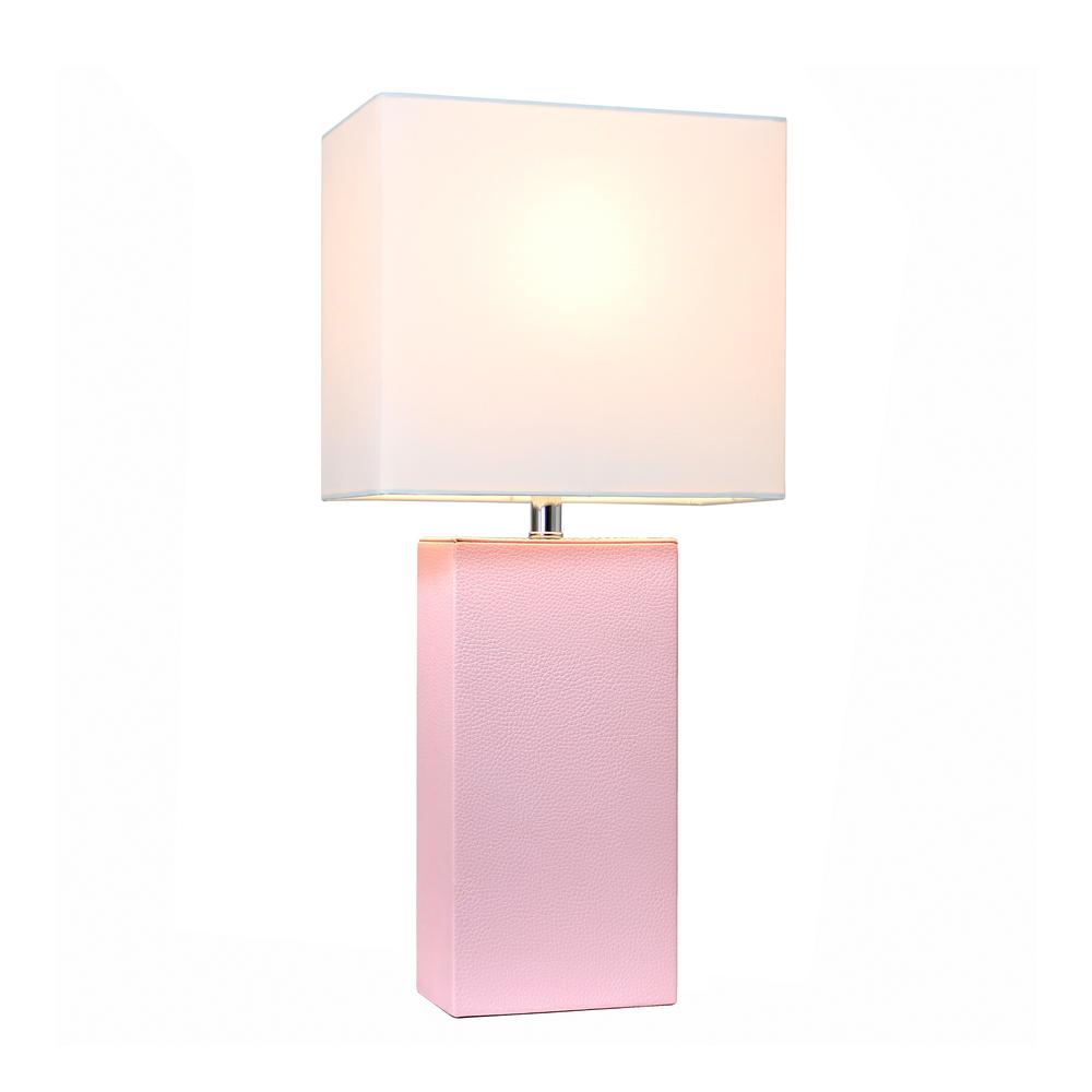 Modern Leather Table Lamp with White Fabric Shade, Blush Pink. Picture 3