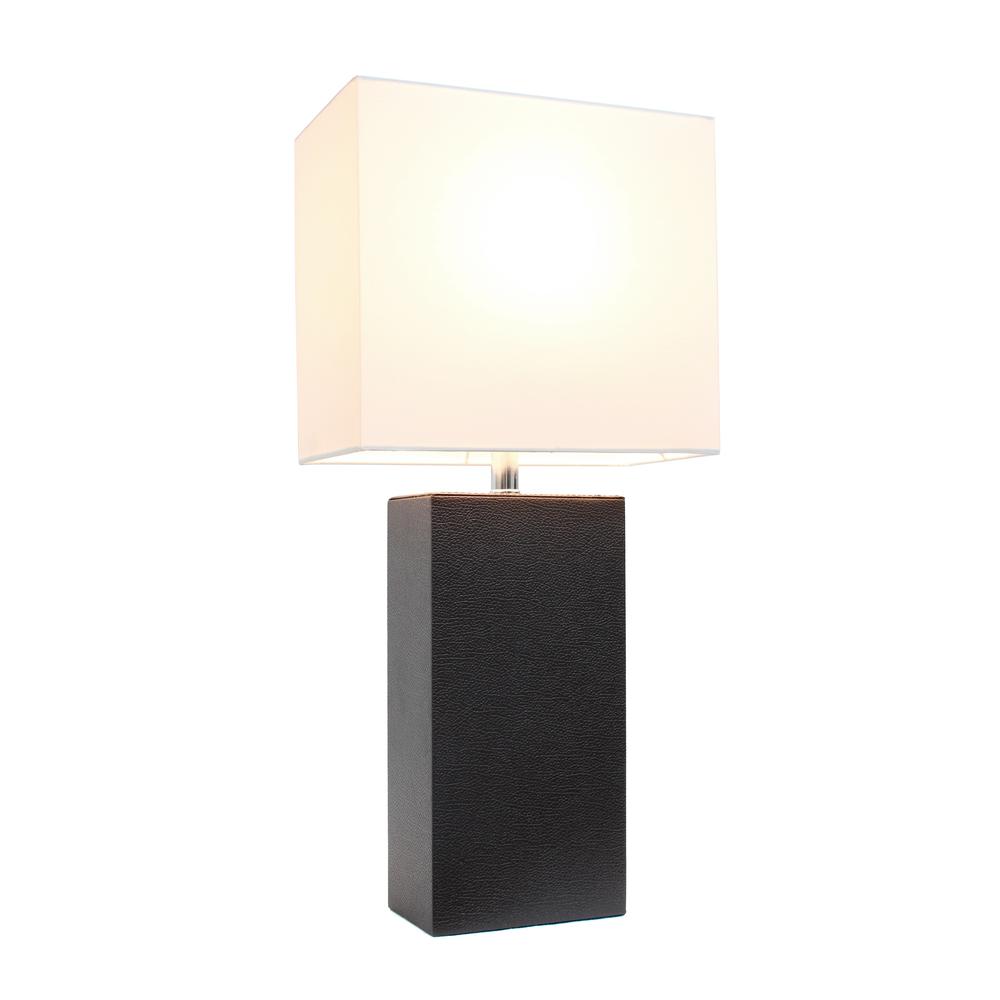 Modern Leather Table Lamp with White Fabric Shade, Espresso Brown. Picture 1