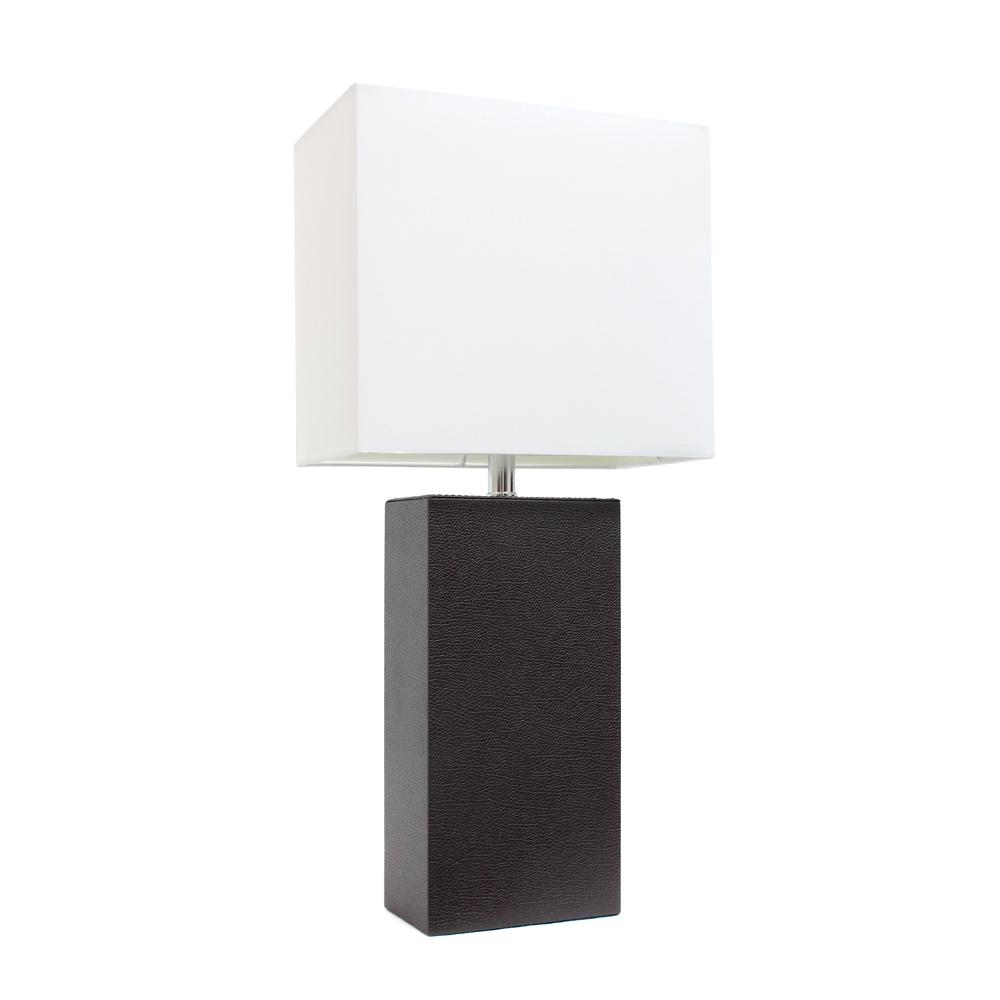 Modern Leather Table Lamp with White Fabric Shade, Espresso Brown. Picture 3