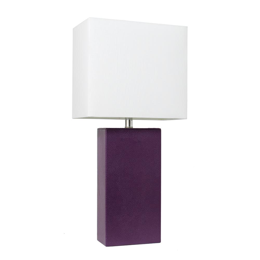 Modern Leather Table Lamp with White Fabric Shade, Eggplant. Picture 1