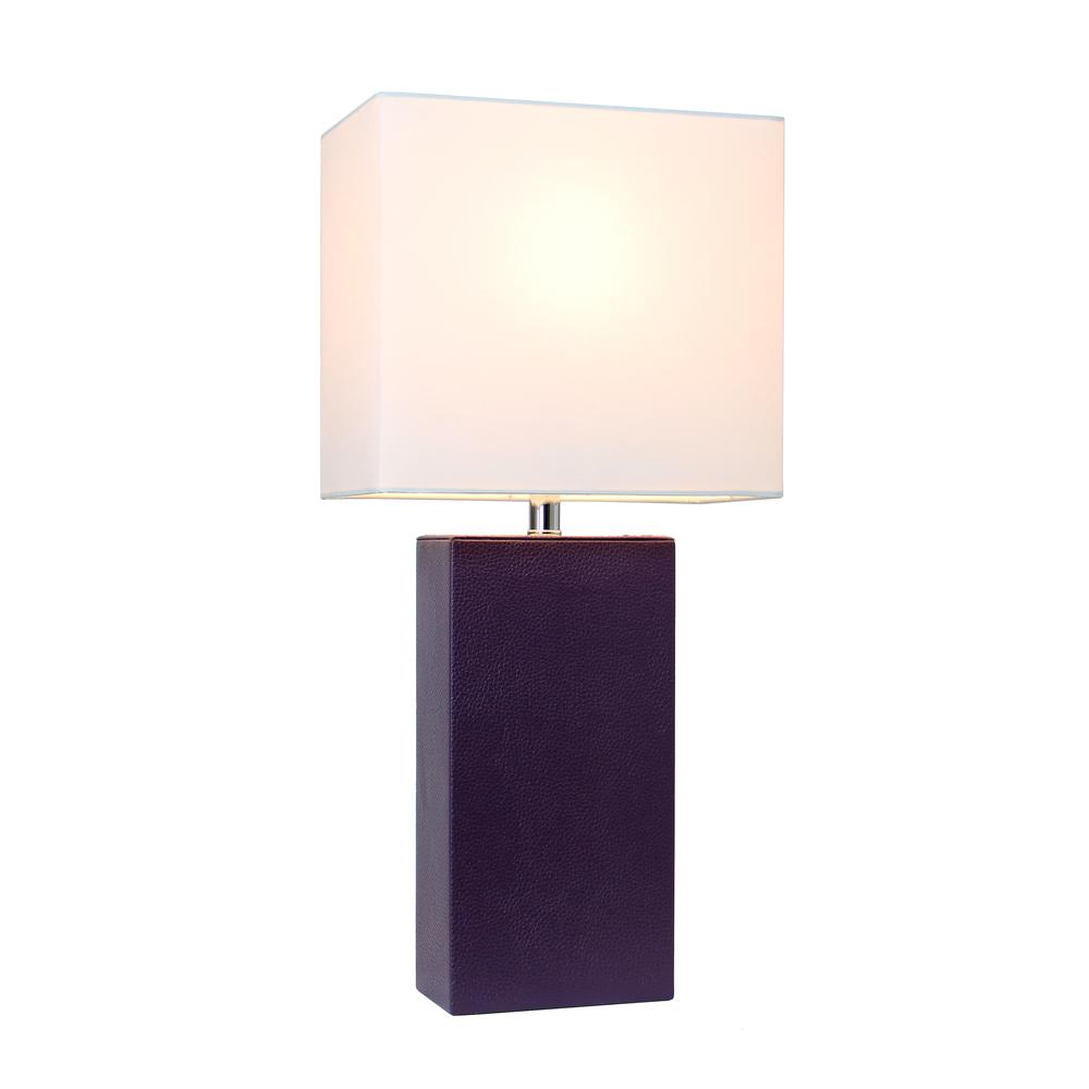Modern Leather Table Lamp with White Fabric Shade, Eggplant. Picture 3