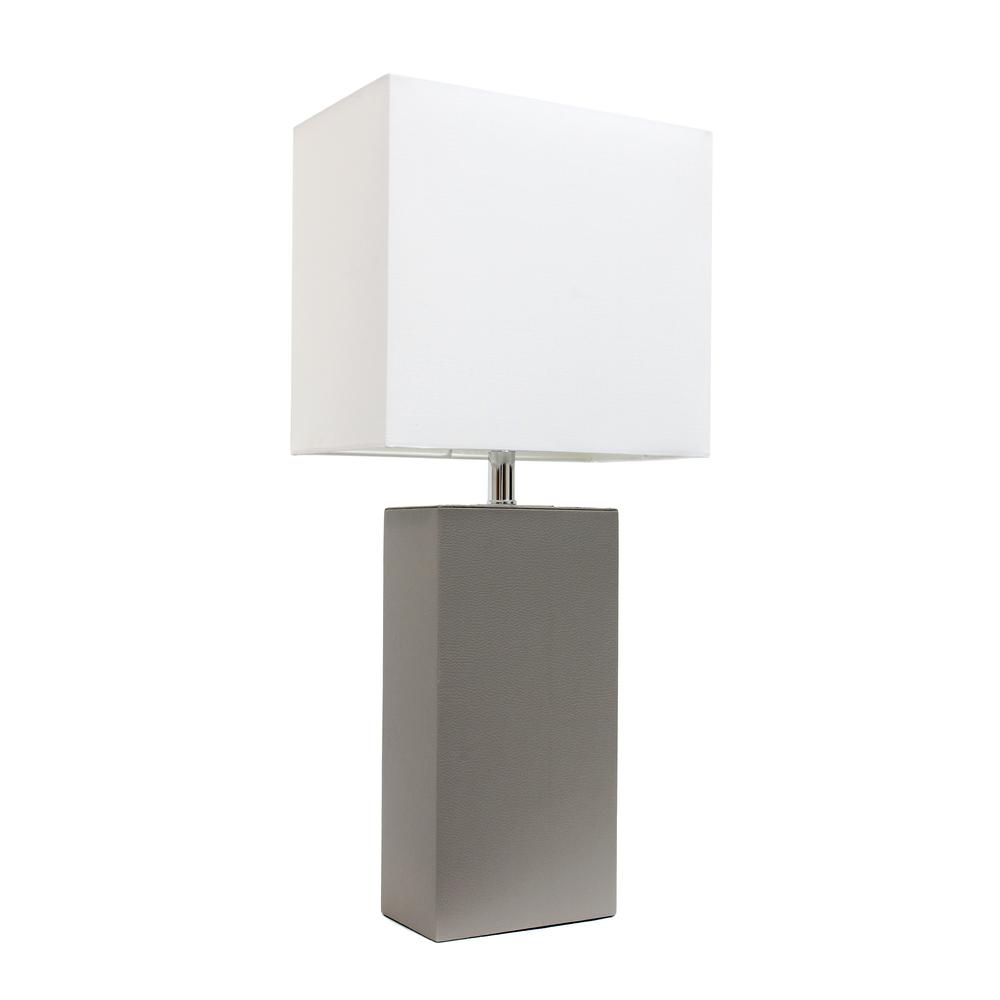 Modern Leather Table Lamp with White Fabric Shade, Gray. Picture 2