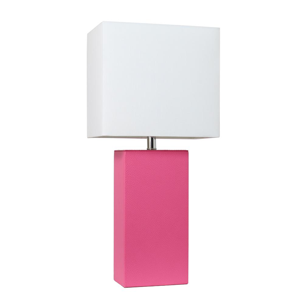 Modern Leather Table Lamp with White Fabric Shade, Hot Pink. Picture 1