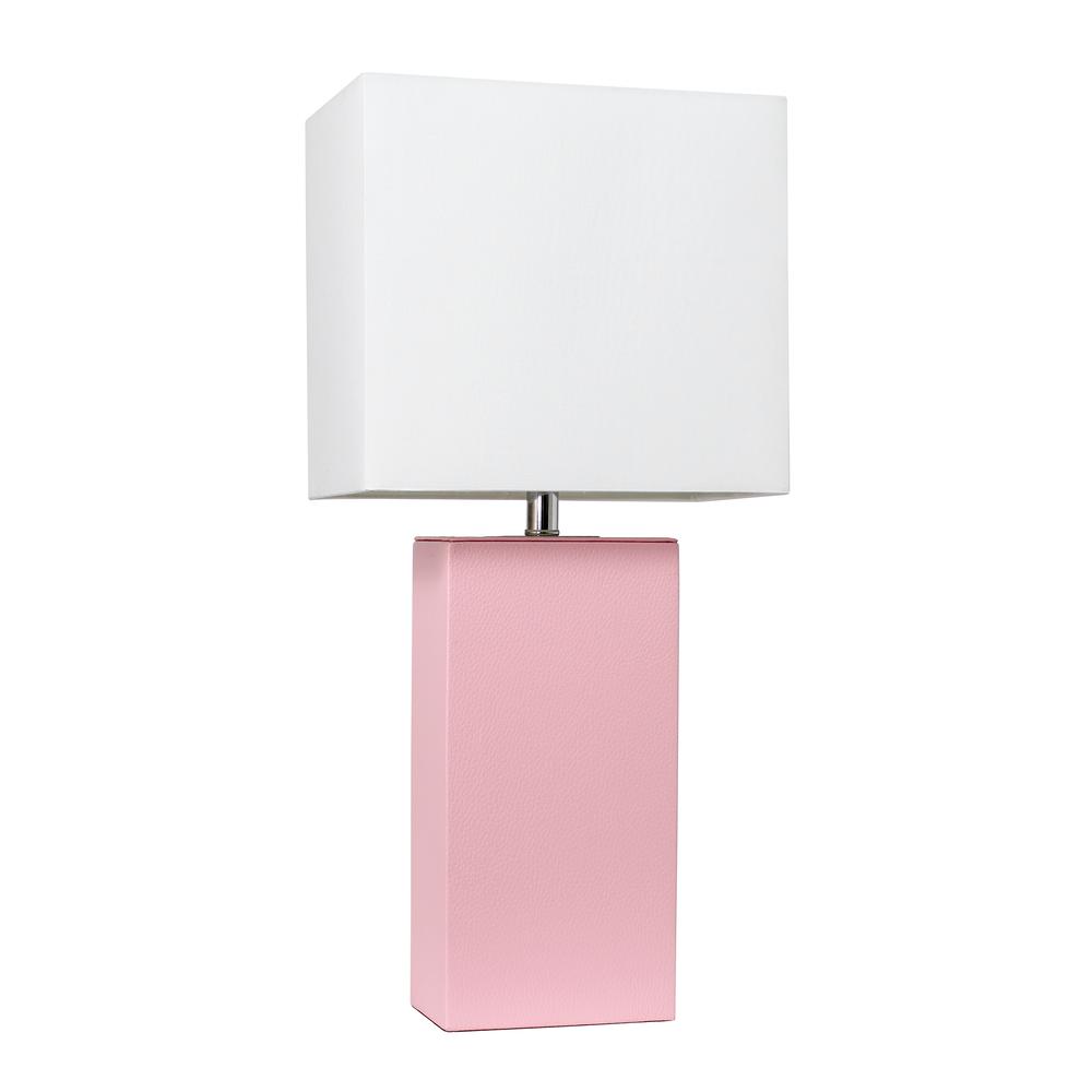 Modern Leather Table Lamp with White Fabric Shade, Pink. Picture 1