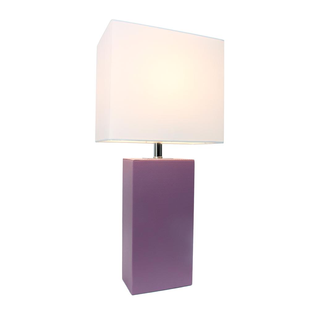 Modern Leather Table Lamp with White Fabric Shade, Purple. Picture 1