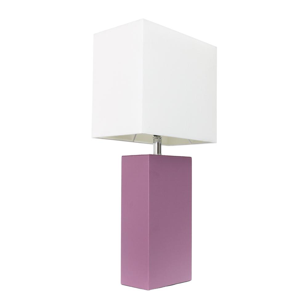 Modern Leather Table Lamp with White Fabric Shade, Purple. Picture 2