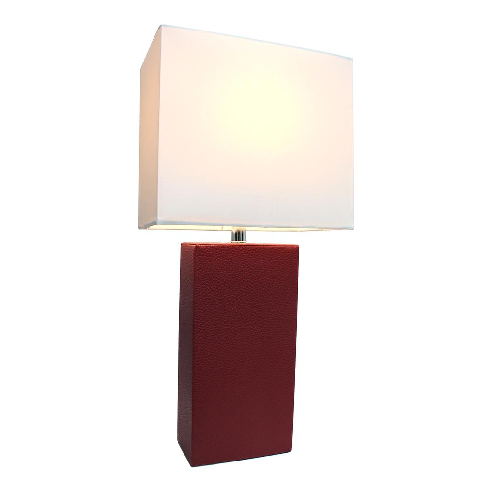 Modern Leather Table Lamp with White Fabric Shade, Red. Picture 1