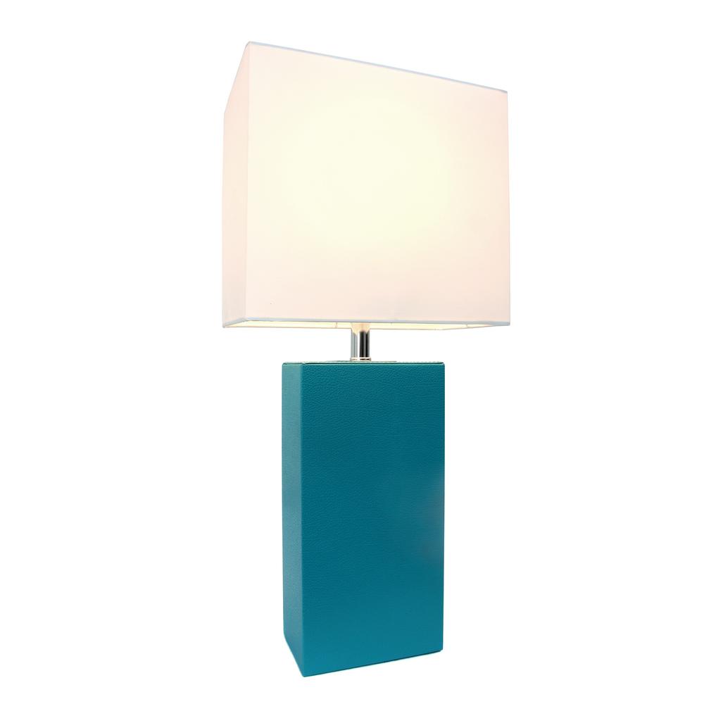 Modern Leather Table Lamp with White Fabric Shade, Teal. Picture 1