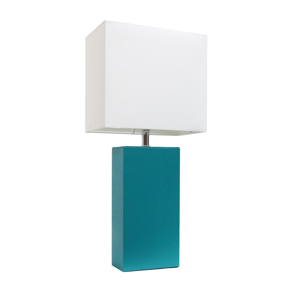 Modern Leather Table Lamp with White Fabric Shade, Teal. Picture 3