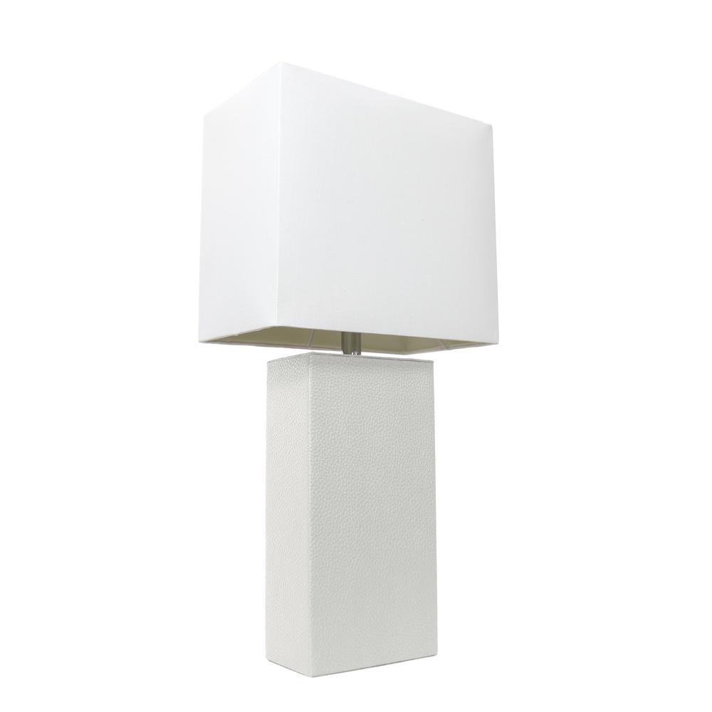 Modern Leather Table Lamp with White Fabric Shade, White. Picture 4