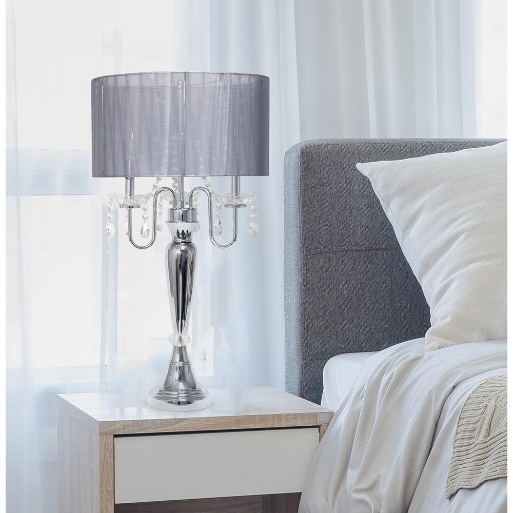 Romantic Sheer Shade Table Lamp with Hanging Crystals, Gray. Picture 5