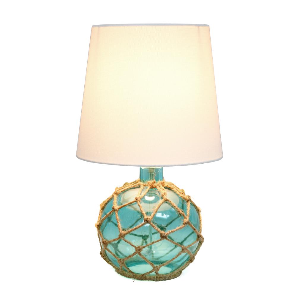 Elegant Designs Buoy Rope Nautical Netted Coastal Ocean Sea Glass Table Lamp with White Fabric Shade, Aqua