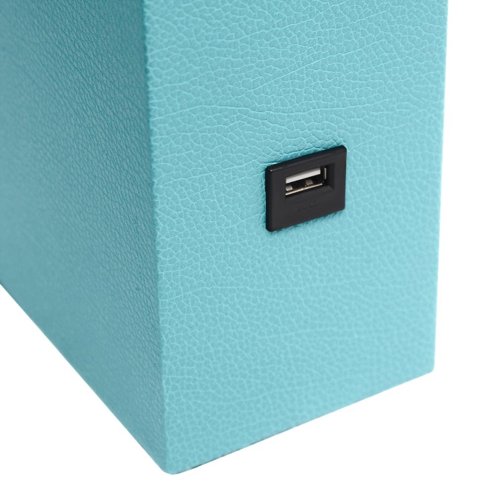 Modern Leather Table Lamp with USB and White Fabric Shade, Aqua. Picture 1