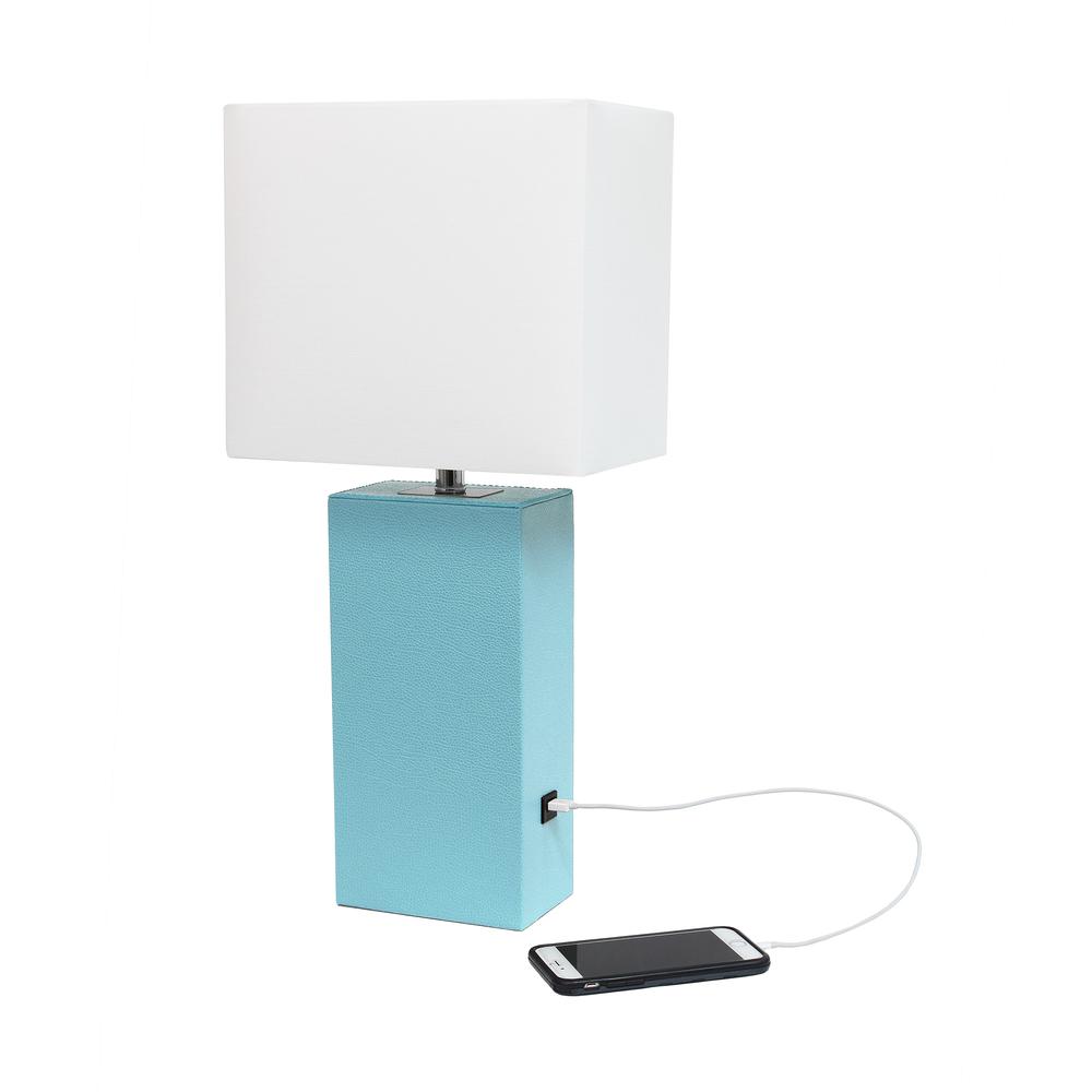 Modern Leather Table Lamp with USB and White Fabric Shade, Aqua. Picture 2