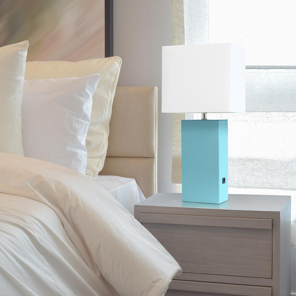 Modern Leather Table Lamp with USB and White Fabric Shade, Aqua. Picture 3