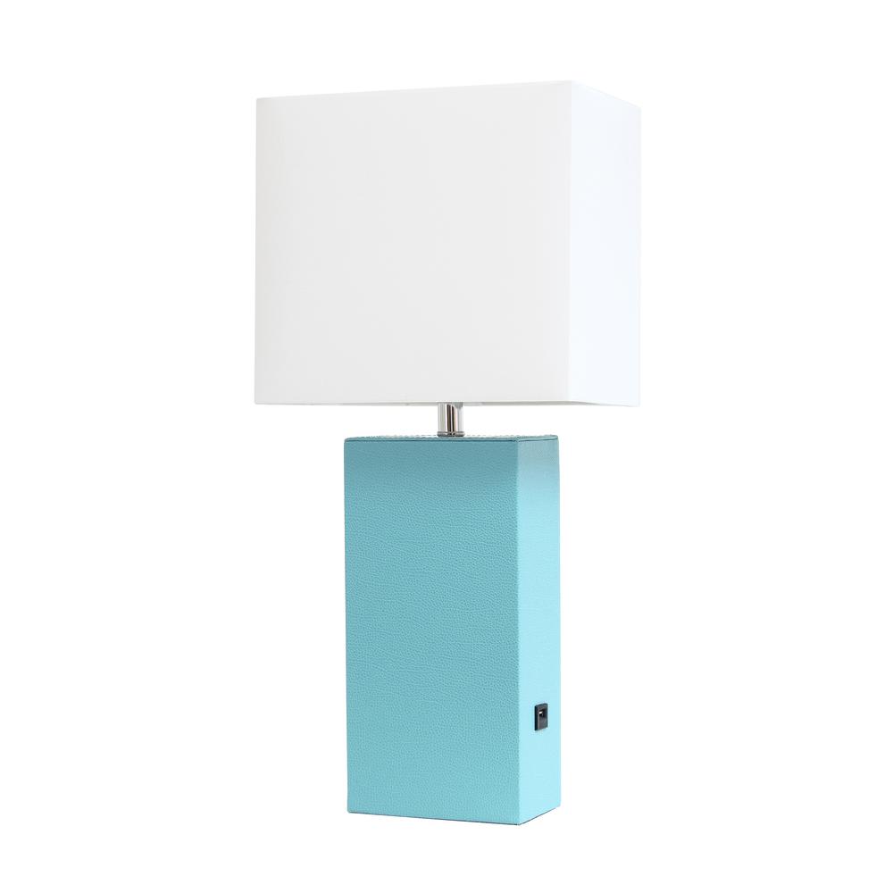 Modern Leather Table Lamp with USB and White Fabric Shade, Aqua. Picture 4