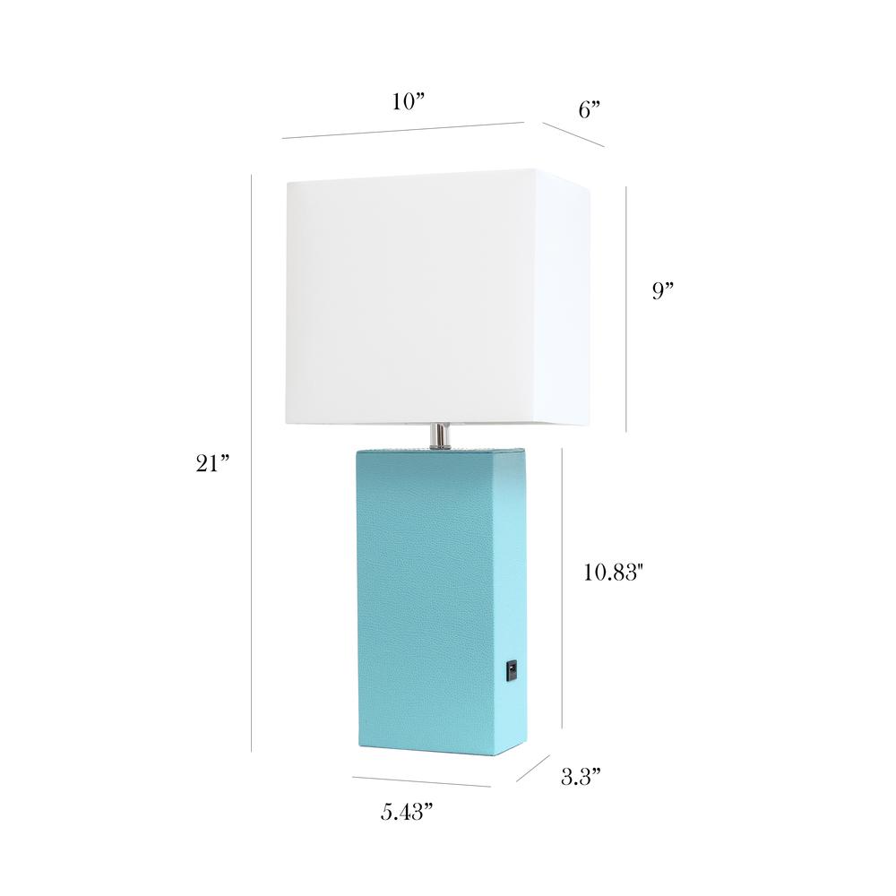 Modern Leather Table Lamp with USB and White Fabric Shade, Aqua. Picture 5