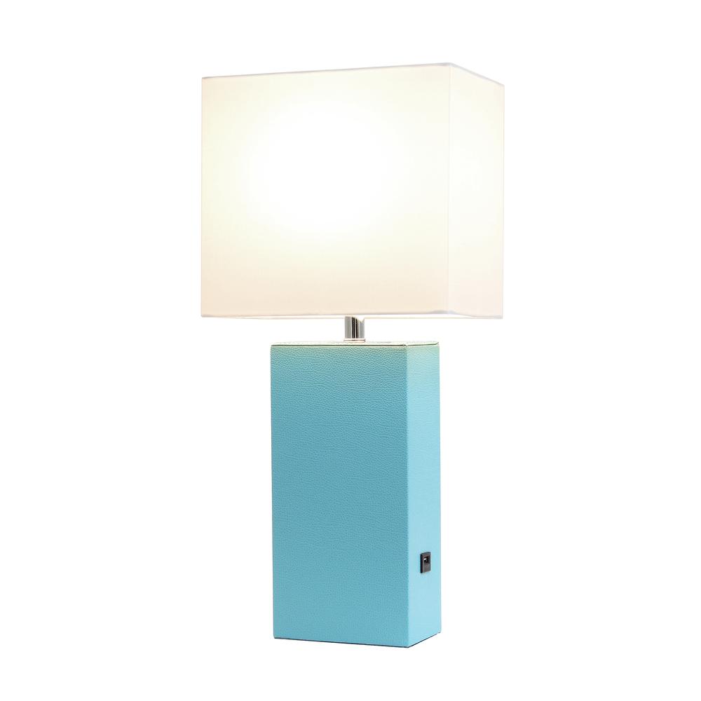 Modern Leather Table Lamp with USB and White Fabric Shade, Aqua. Picture 6