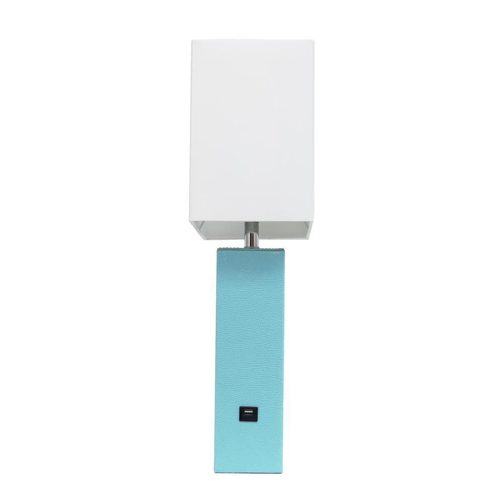 Modern Leather Table Lamp with USB and White Fabric Shade, Aqua. Picture 7