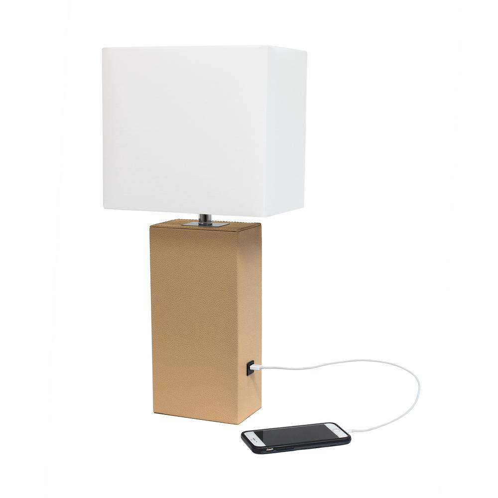 Modern Leather Table Lamp with USB and White Fabric Shade, Beige. Picture 2