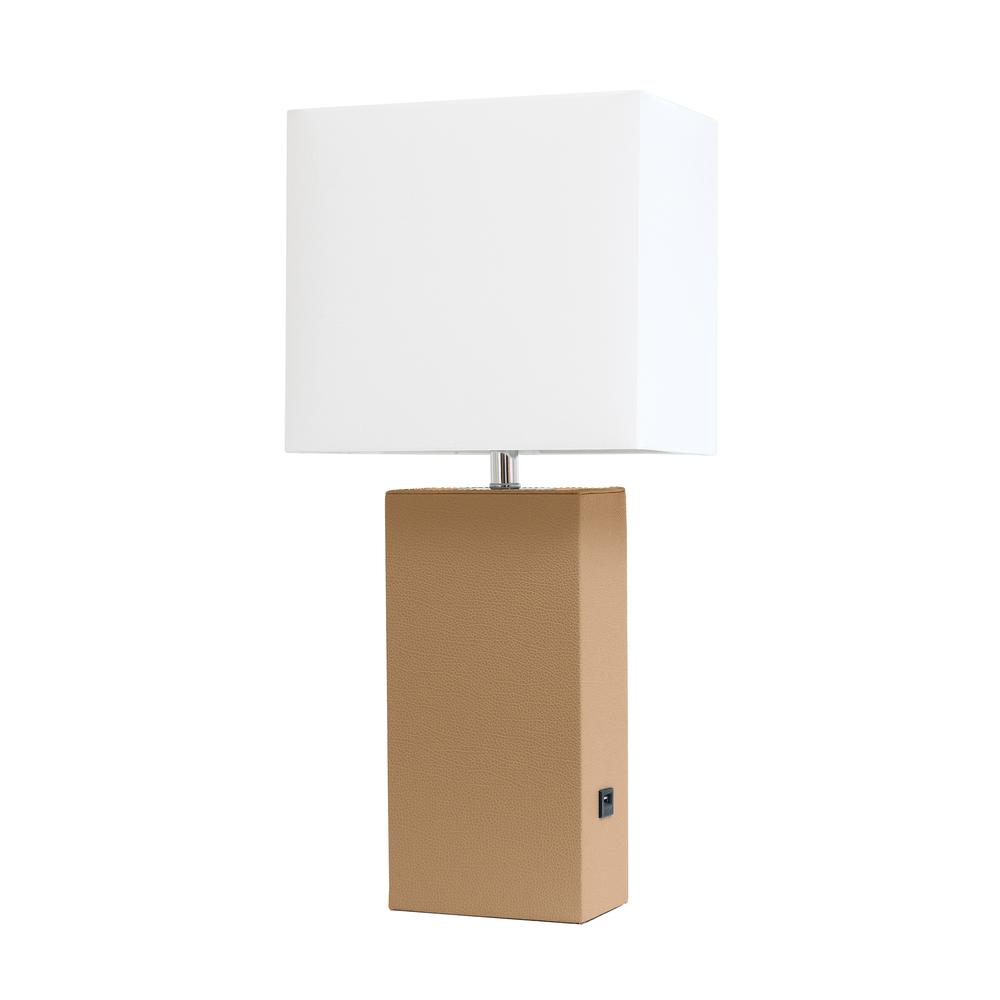 Modern Leather Table Lamp with USB and White Fabric Shade, Beige. Picture 4