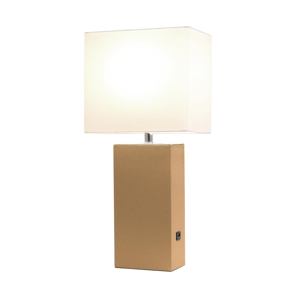 Modern Leather Table Lamp with USB and White Fabric Shade, Beige. Picture 6