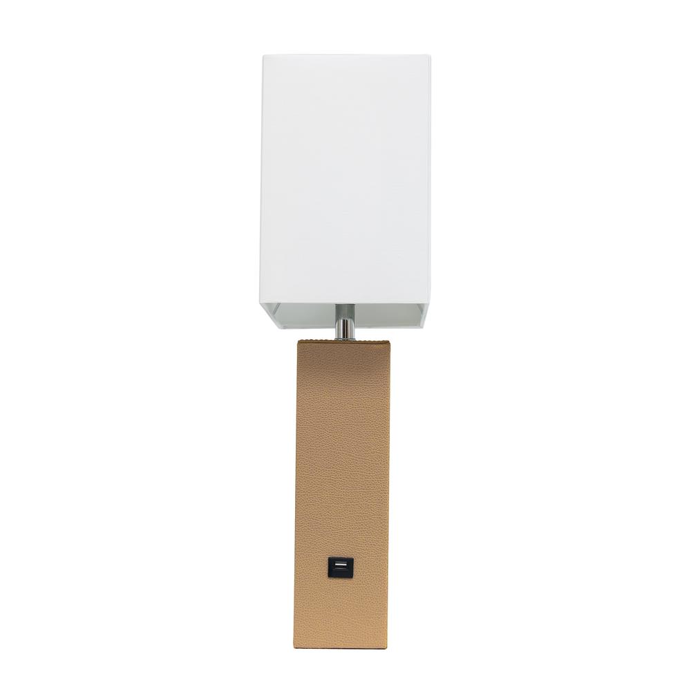 Modern Leather Table Lamp with USB and White Fabric Shade, Beige. Picture 7