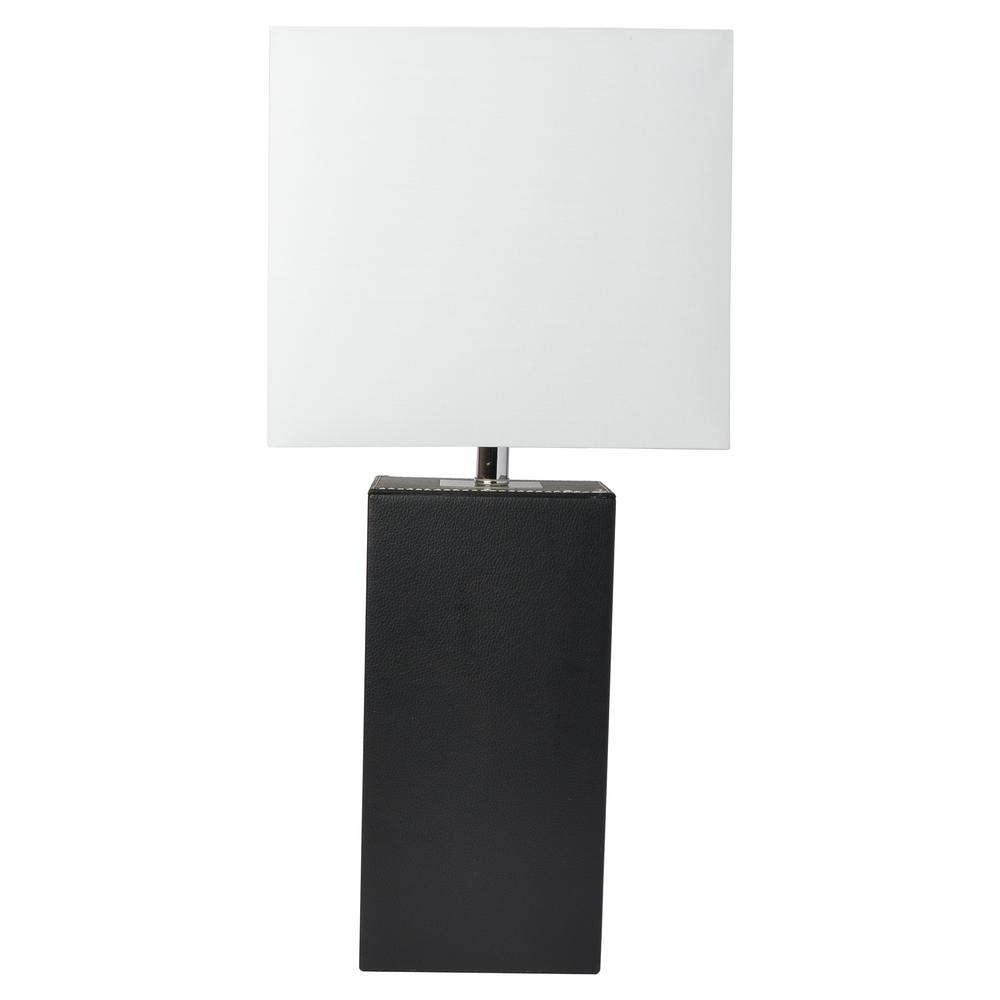Modern Leather Table Lamp with USB and White Fabric Shade, Black. Picture 3