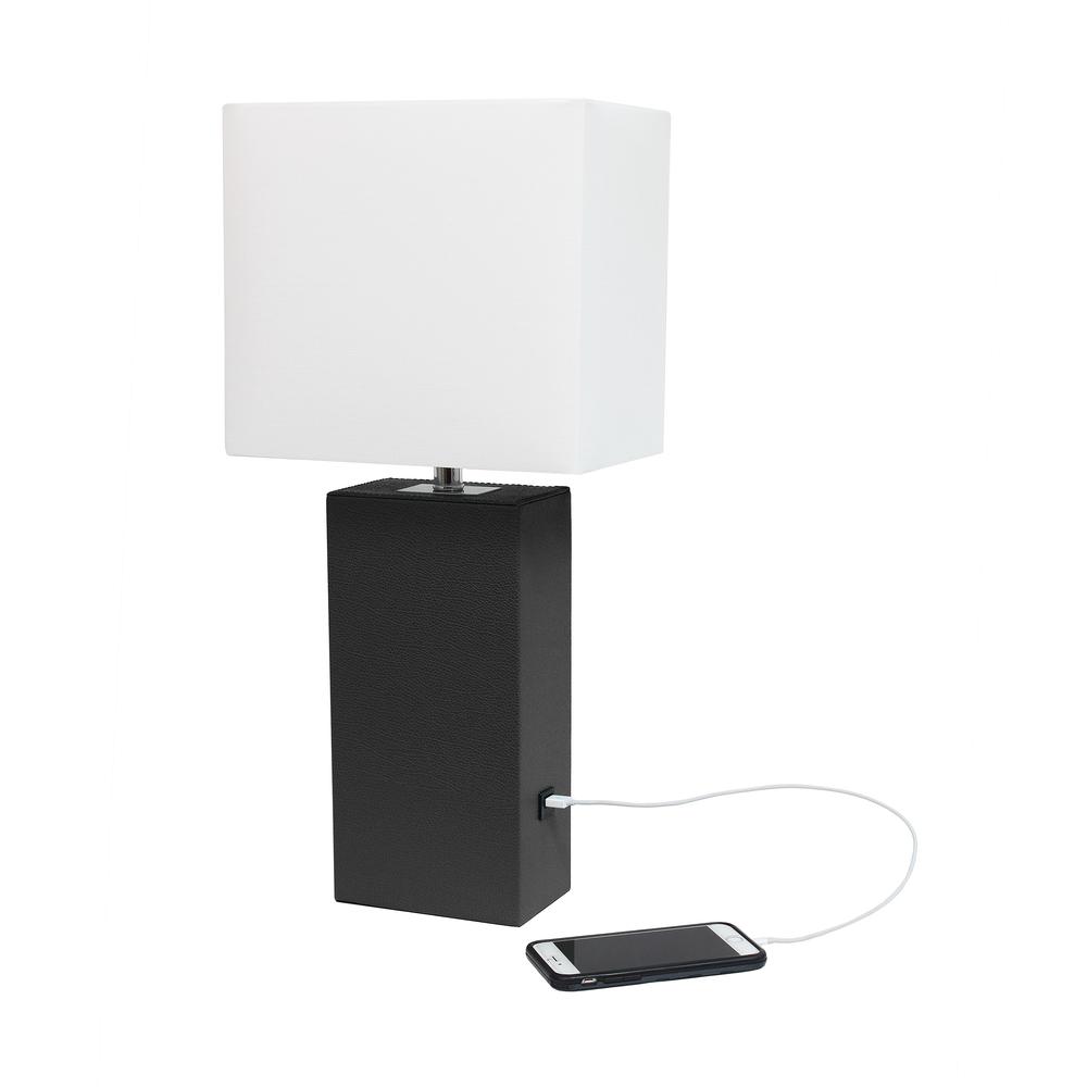 Modern Leather Table Lamp with USB and White Fabric Shade, Black. Picture 4