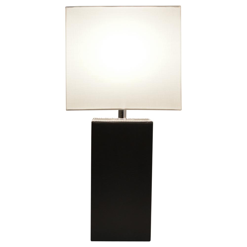 Modern Leather Table Lamp with USB and White Fabric Shade, Black. Picture 6