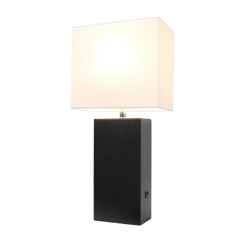 Modern Leather Table Lamp with USB and White Fabric Shade, Black. Picture 7