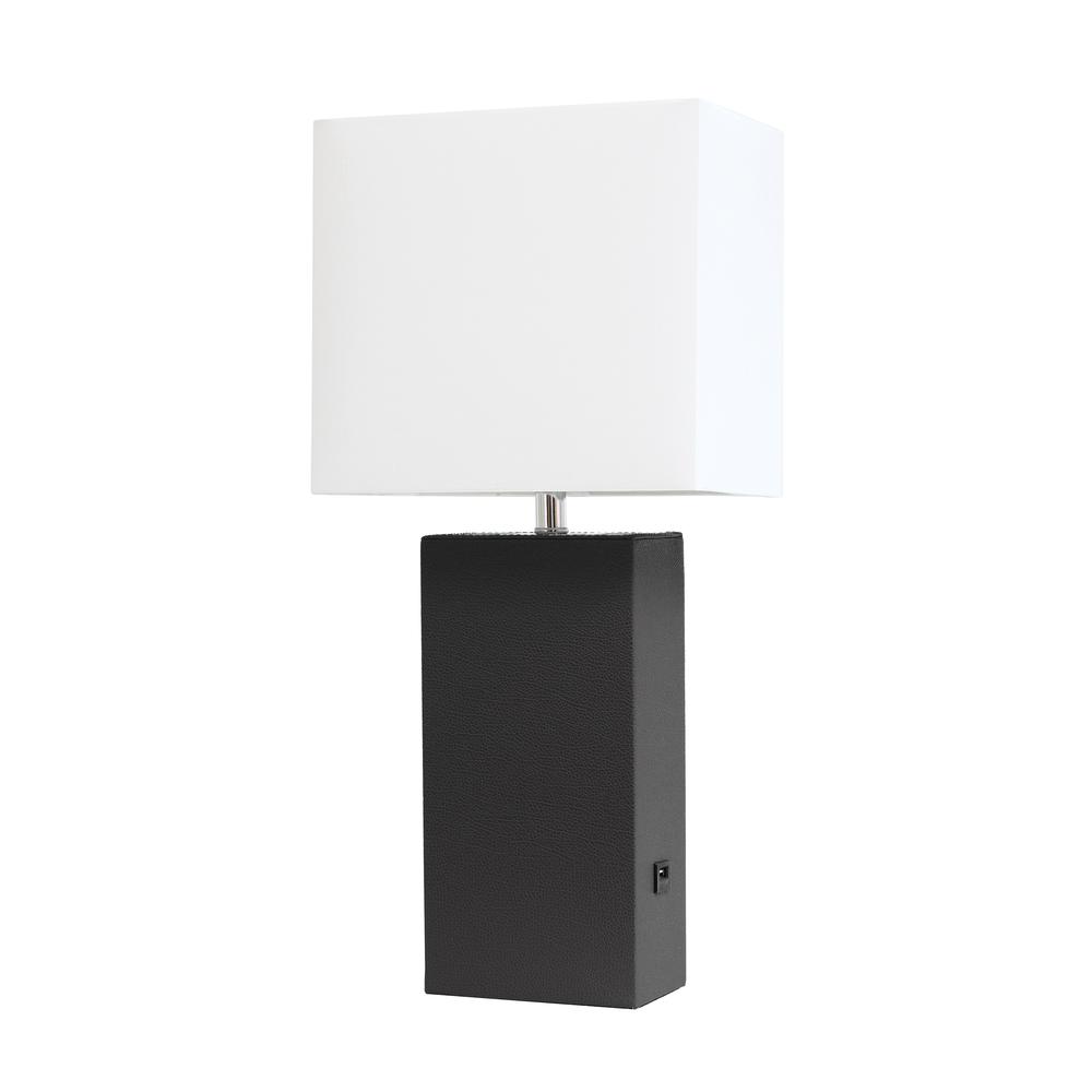 Modern Leather Table Lamp with USB and White Fabric Shade, Black. Picture 8