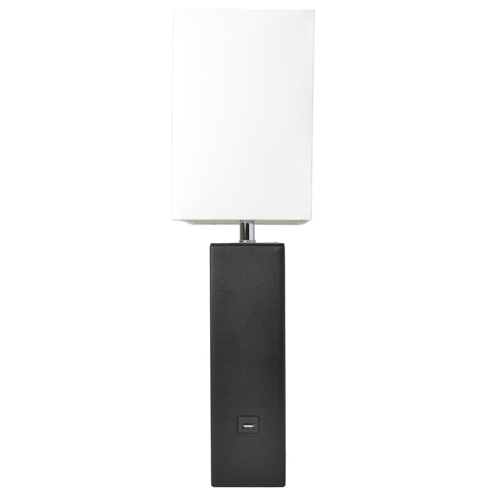 Modern Leather Table Lamp with USB and White Fabric Shade, Black. Picture 9