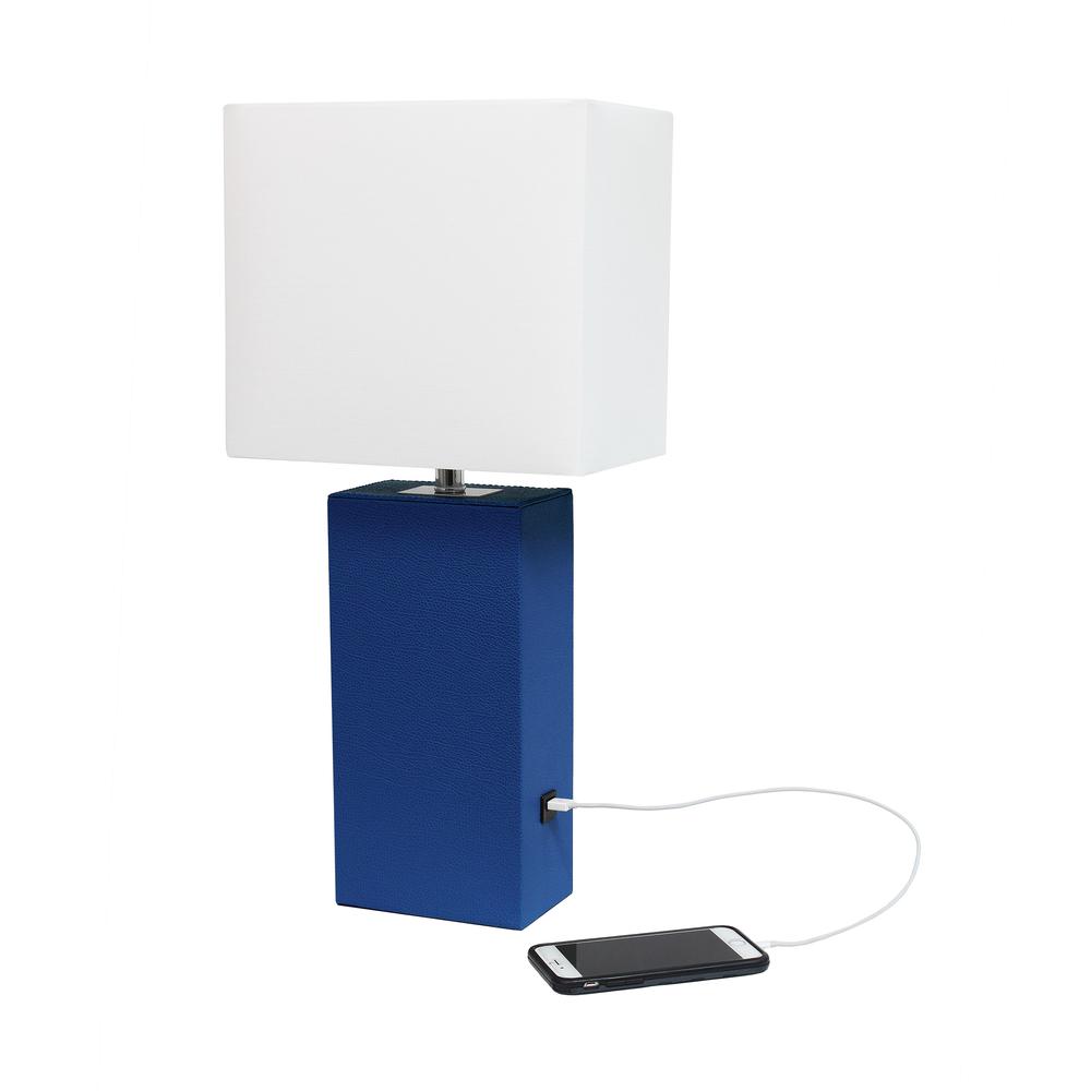 Modern Leather Table Lamp with USB and White Fabric Shade, Blue. Picture 2