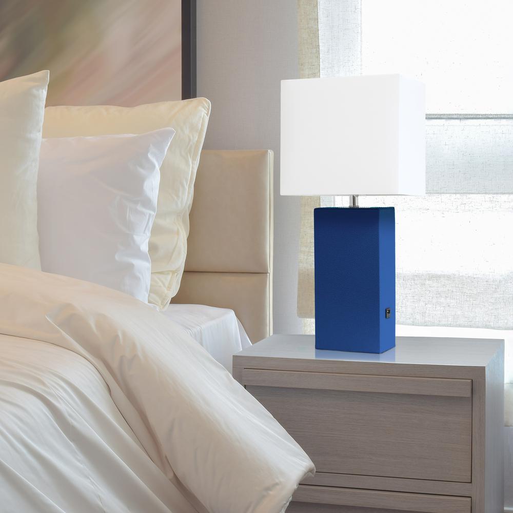 Modern Leather Table Lamp with USB and White Fabric Shade, Blue. Picture 3