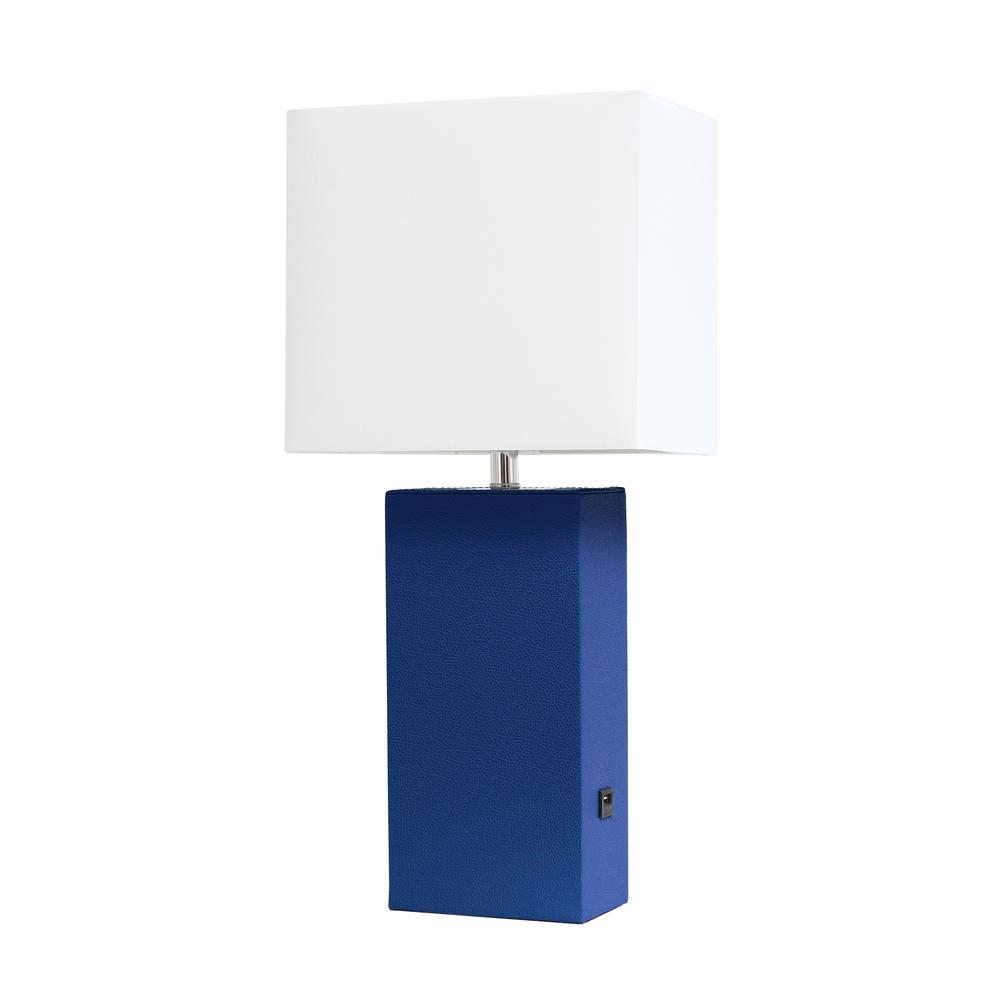 Modern Leather Table Lamp with USB and White Fabric Shade, Blue. Picture 4