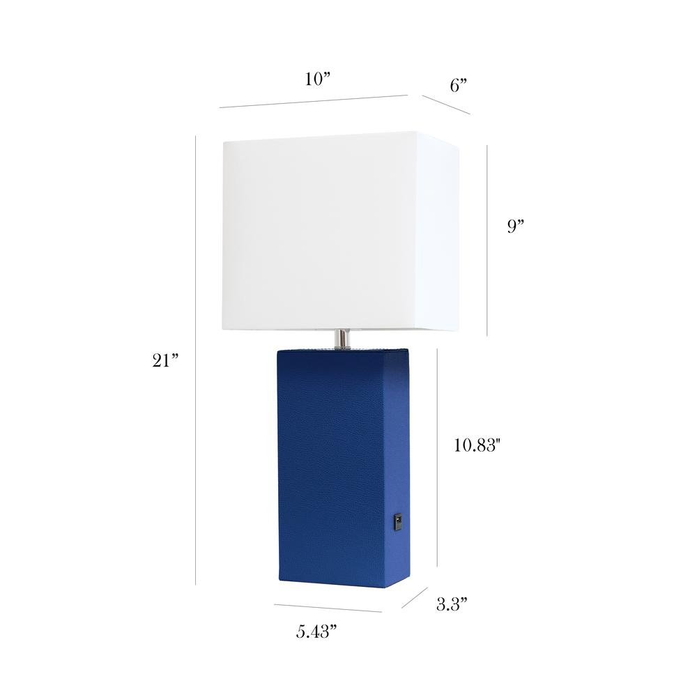 Modern Leather Table Lamp with USB and White Fabric Shade, Blue. Picture 5
