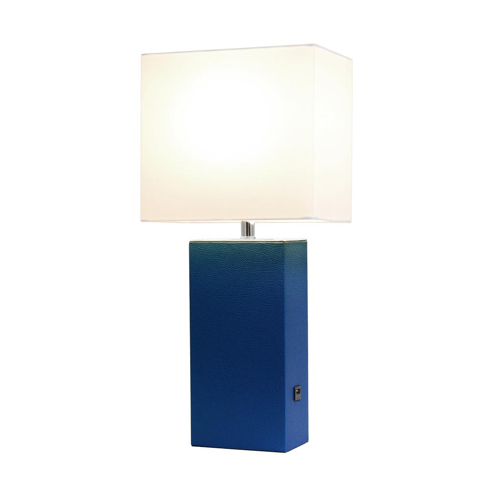 Modern Leather Table Lamp with USB and White Fabric Shade, Blue. Picture 6