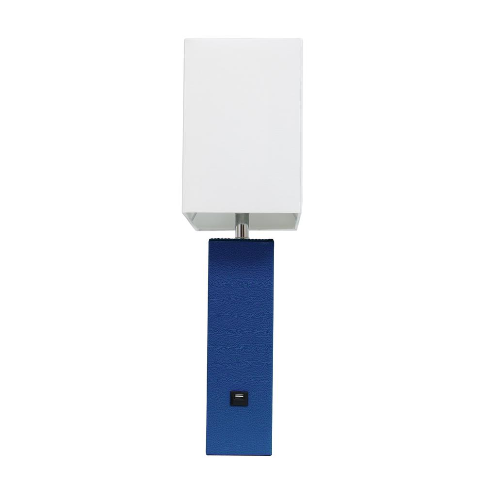 Modern Leather Table Lamp with USB and White Fabric Shade, Blue. Picture 7