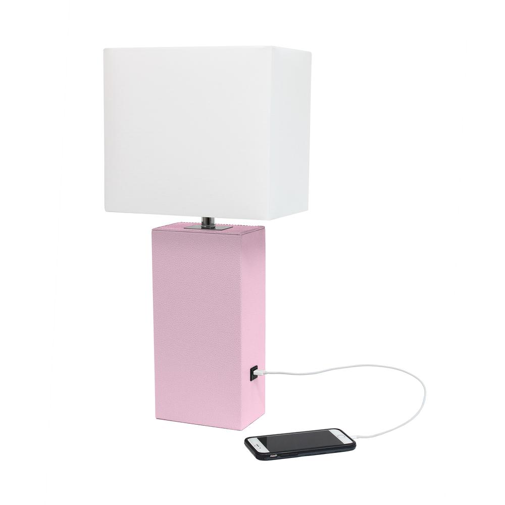 Elegant Designs Modern Leather Table Lamp with USB and White Fabric Shade, Blush Pink. Picture 2
