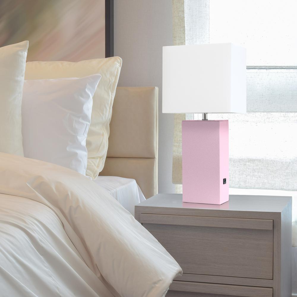 Elegant Designs Modern Leather Table Lamp with USB and White Fabric Shade, Blush Pink. Picture 3