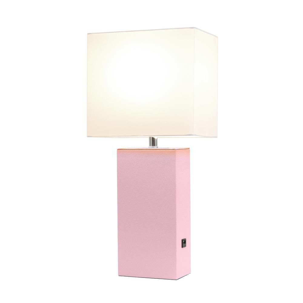 Elegant Designs Modern Leather Table Lamp with USB and White Fabric Shade, Blush Pink. Picture 6