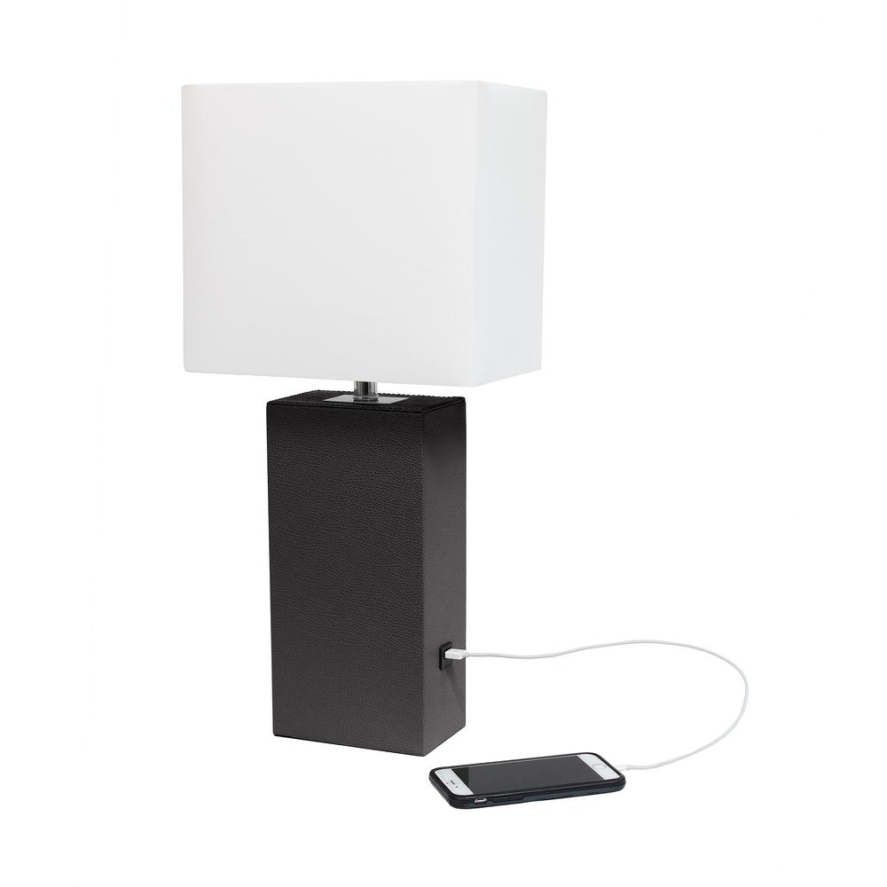 Modern Leather Table Lamp with USB and White Fabric Shade, Brown. Picture 2
