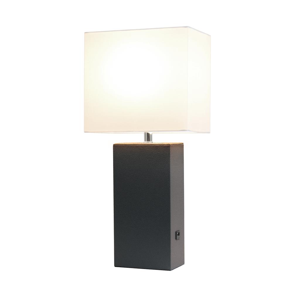 Modern Leather Table Lamp with USB and White Fabric Shade, Brown. Picture 6