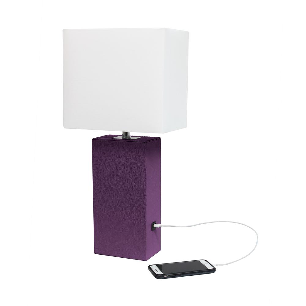 Modern Leather Table Lamp with USB and White Fabric Shade, Eggplant. Picture 2