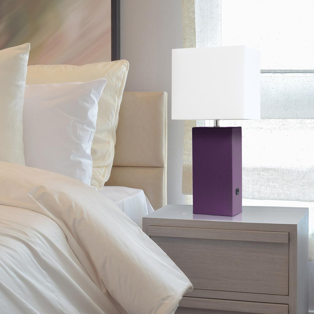 Modern Leather Table Lamp with USB and White Fabric Shade, Eggplant. Picture 3