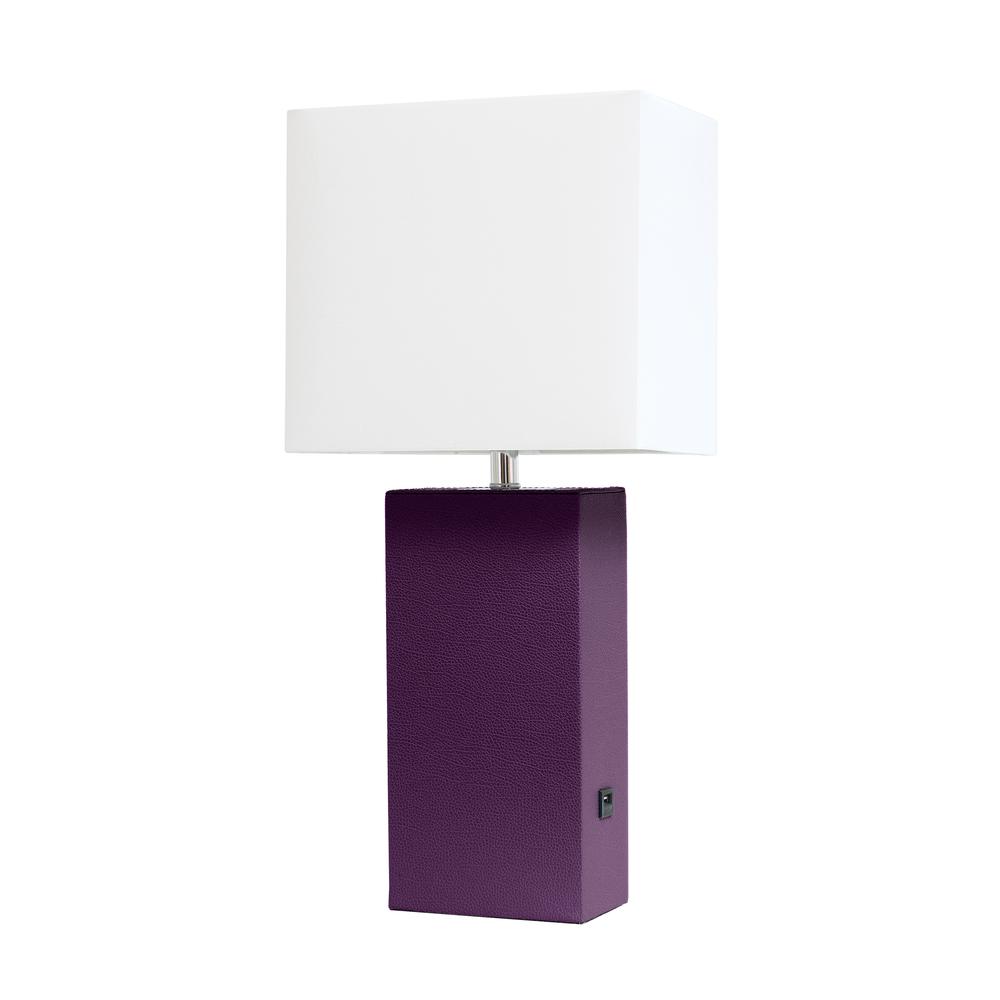 Modern Leather Table Lamp with USB and White Fabric Shade, Eggplant. Picture 4