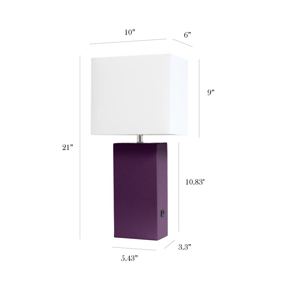 Modern Leather Table Lamp with USB and White Fabric Shade, Eggplant. Picture 5