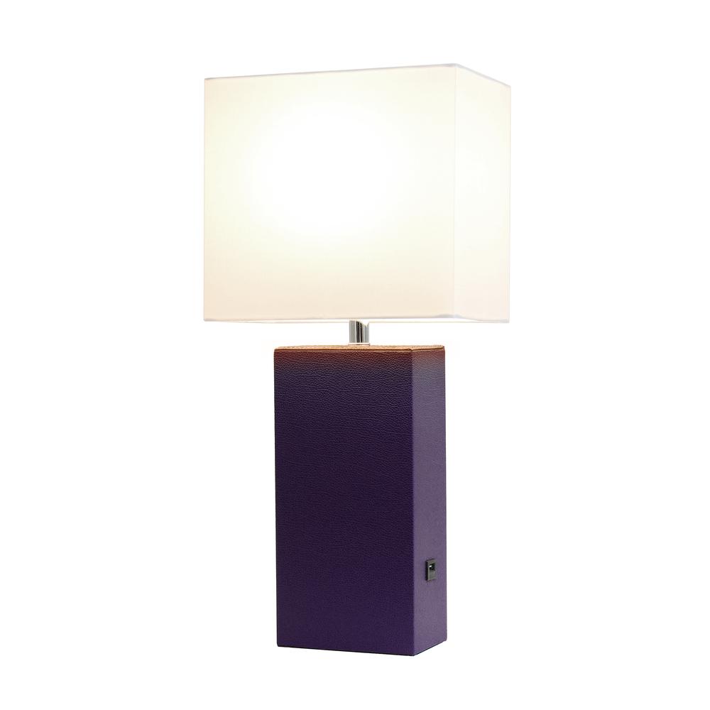 Modern Leather Table Lamp with USB and White Fabric Shade, Eggplant. Picture 6
