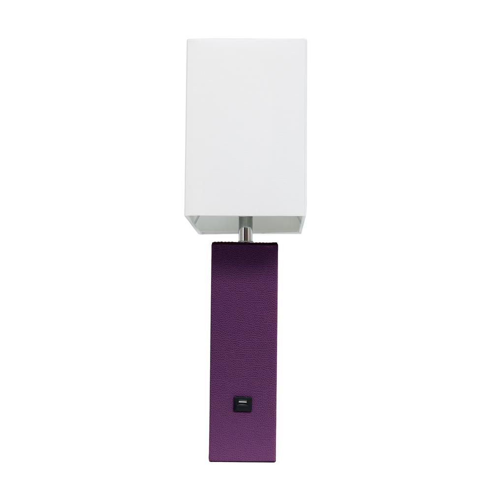 Modern Leather Table Lamp with USB and White Fabric Shade, Eggplant. Picture 7
